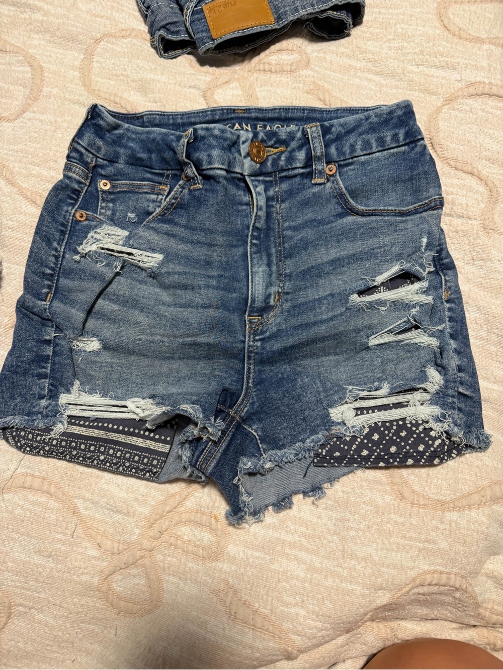 American Eagle Outfitters Blue Distressed Denim Shorts with Bandana Panels